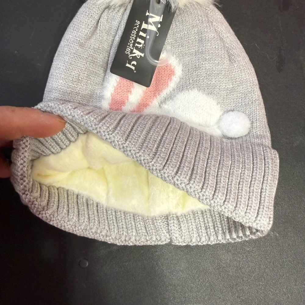 Kids Bunny Beanie - Light Gray and Pink